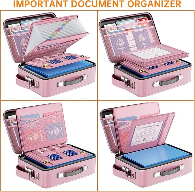 DocSafe Fireproof Document Box with Lock＆Shoulder Strap,Hard Case File Organizer with Accordion File Folder,Multi-Layer Portable Home Office Travel Safe Storage for Important Documents Laptop Pink