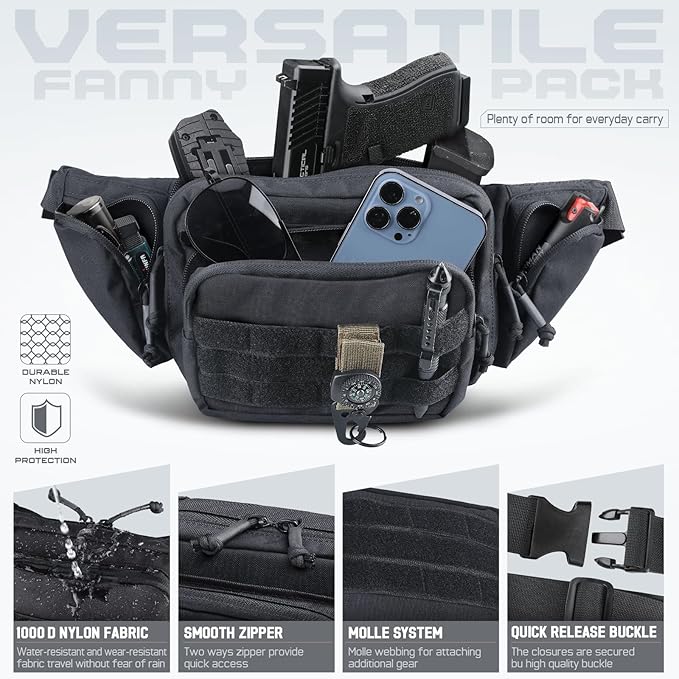 Tactical Fanny Pack for Men & Women, Concealed Carry Fanny Pack for Men, Adjustable Waist Bag, Compact Travel Belt Bag, CCW Fanny Pack with U.S Flag Patch