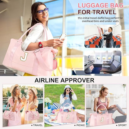 Dance Gym Duffel Bag for Teen Girls, Personalized Initial Travel Weekender Bag,Cute Overnight Carry On Duffle for Women,Sports Travel Cheer Bag,Monogram Christmas Gifts for Tween Preppy(pink-J)
