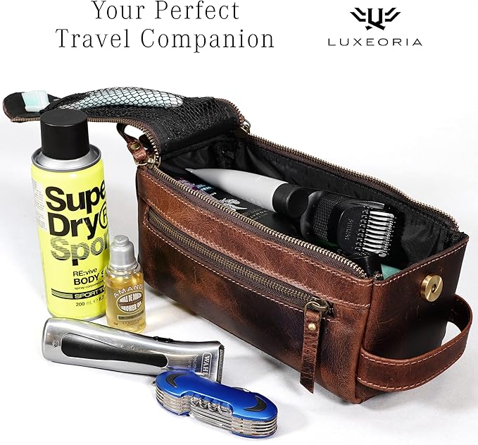 LUXEORIA Genuine Leather Toiletry Bags for Men and Women, Handmade Premium Leather Dopp Kit and Shaving Bag, Cosmetic Bag for Womens and Mens, Travel Essentials & Organizers