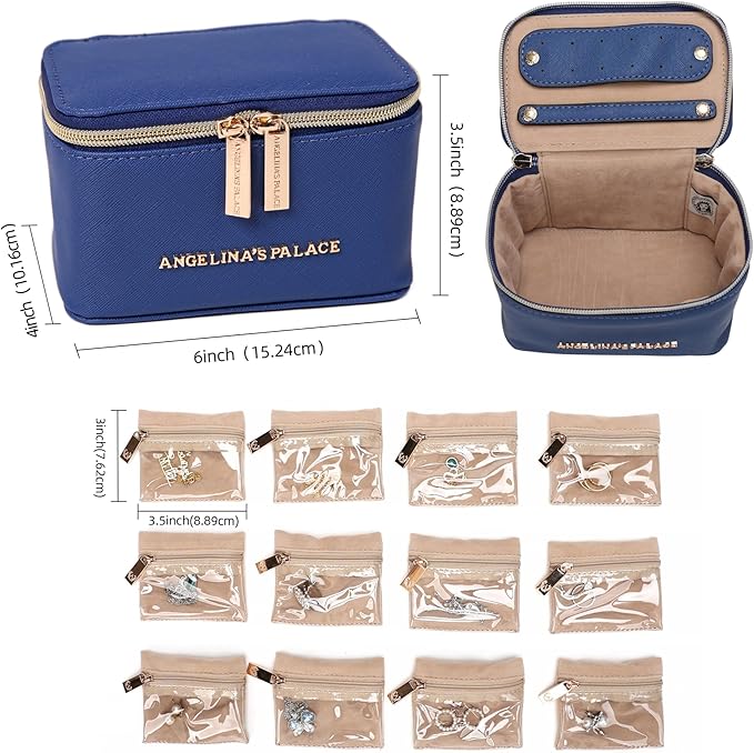Angelina's Palace Jewelry Organizer Case Bridesmaid Gifts Travel Bag Vegan Leather Box for Necklace Earring Bracelet Ring(dark chambray)