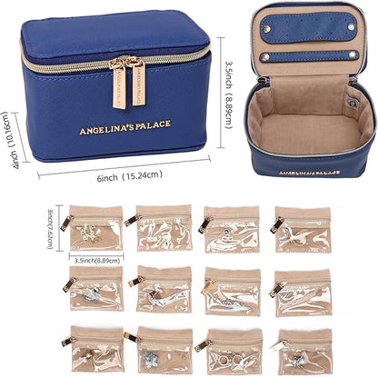 Angelina's Palace Jewelry Organizer Case Bridesmaid Gifts Travel Bag Vegan Leather Box for Necklace Earring Bracelet Ring(dark chambray)