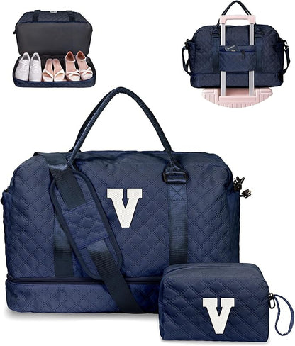 Gifts for Girls - Personalized Initial Duffle Bag with Shoe Compartment, Weekender Travel Bag, Makeup Bag, Navy Blue, 12x7x2 inches