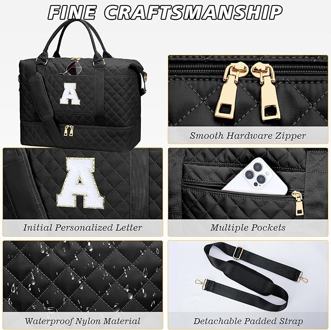 Gifts for Women Girls Initial Travel Duffle Bag Quilted Weekender Carry-On Overnight with Cosmetic Bag, Gym Bag with Shoe Compartment, Black A