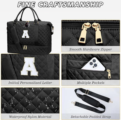 Gifts for Women Girls Initial Travel Duffle Bag Quilted Weekender Carry-On Overnight with Cosmetic Bag, Gym Bag with Shoe Compartment, Black A