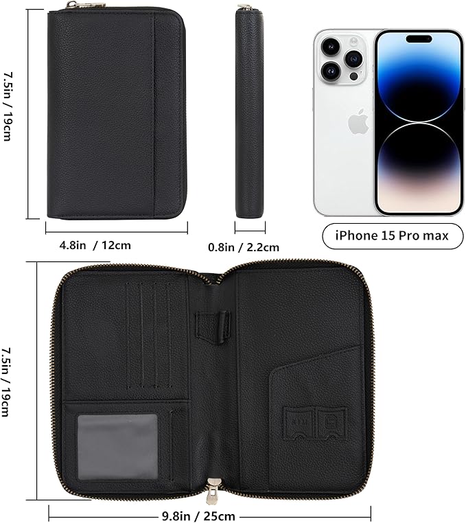 WASON Leather Zipper Travel Passport Wallet Holder RFID Blocking Cover, Passport case Pocket Slot for Card, Cash, ID, Boarding Pass and Ticket for Men, Women and Family Trips (Black)