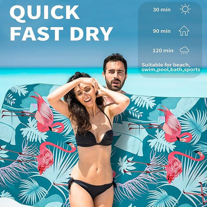 2 Pack Lightweight Thin Beach Towel Oversized 71"x32" Big Extra Large Microfiber Sand Free Towels for Adult Quick Dry Travel Camping Beach Accessories Vacation Essential Gift Blue Shell Flamingo