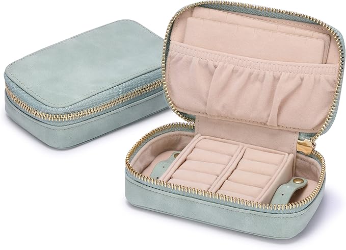 HISCOW Vegan Leather Travel Jewelry Case with Zipper - Portable Necklace & Earring Holder Organizer for Women Girls, Velvet-Lined Ring Box with Anti-Tarnish Design, Light Green