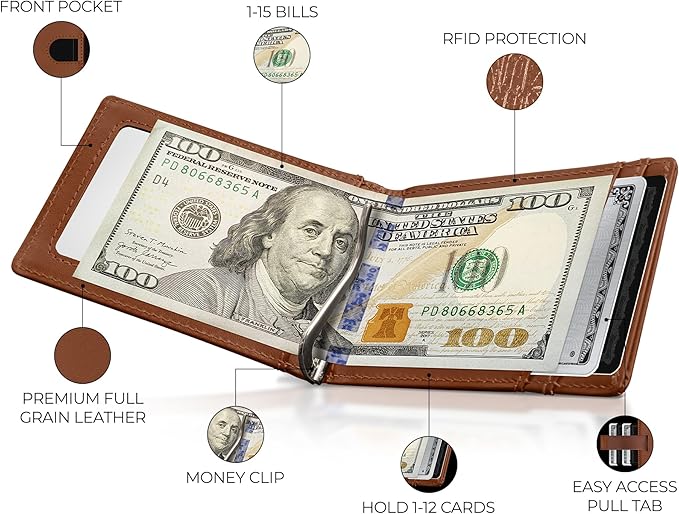 Kingly Cash Clip Slim Leather Wallet for Men with RFID Blocking & Money Clip - Minimalist Front Pocket Bifold Wallet Holds 12 Cards - Secure Card Holder with Easy Access Pull Tab