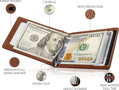 Kingly Cash Clip Slim Leather Wallet for Men with RFID Blocking & Money Clip - Minimalist Front Pocket Bifold Wallet Holds 12 Cards - Secure Card Holder with Easy Access Pull Tab