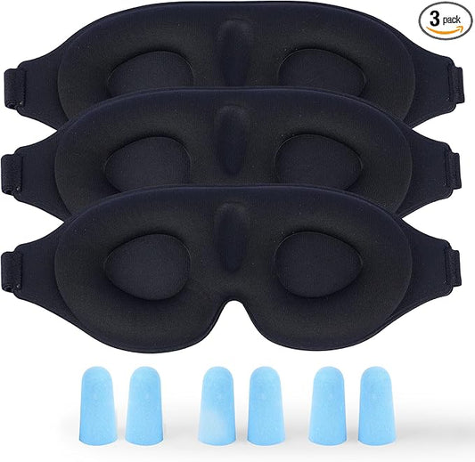 3 Pack 3D Contoured Sleep Eye Mask - with 3 Pack Ear Plugs – Soft Breathable Blackout Sleeping EyeMask for Men Women Adults – Lightweight Zero Pressure Eye Cover for Travel Naps Night Shift Meditation