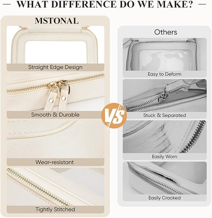 Clear Makeup Bag, Travel Toiletry Bag Cosmetic Case for Women, Waterproof Portable Make Up Skincare Pouch with Zipper, Compact Car Organizer Bag for Essentials, Mini & Medium, Beige