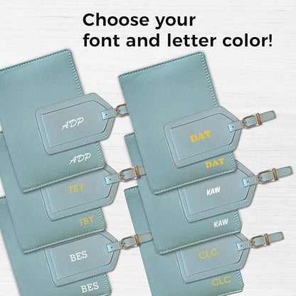 Personalized Monogrammed Chambray Leather RFID Passport Wallet and Luggage Tag