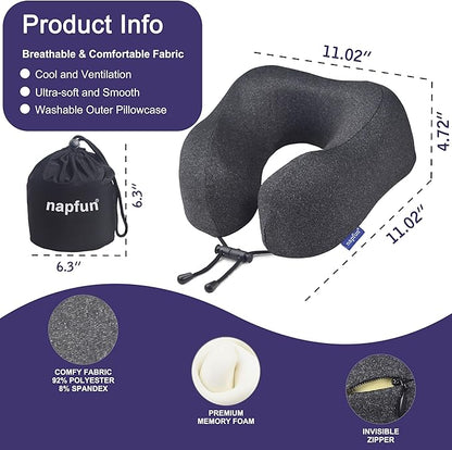 napfun Neck Pillow for Traveling, Upgraded Travel Neck Pillow for Airplane 100% Pure Memory Foam Travel Pillow for Flight Headrest Sleep, Portable Plane Accessories, Simple Sets (Optional), Full Black
