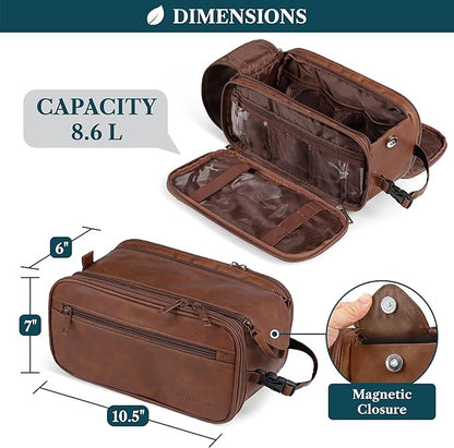 PAVILIA Large Toiletry Bag for Men Women, Mens Travel Bag Toiletries Organizer Case for Grooming, Travel Essentials Shaving Dopp Kit, PU Leather Water Resistant Cosmetic Pouch, Brown