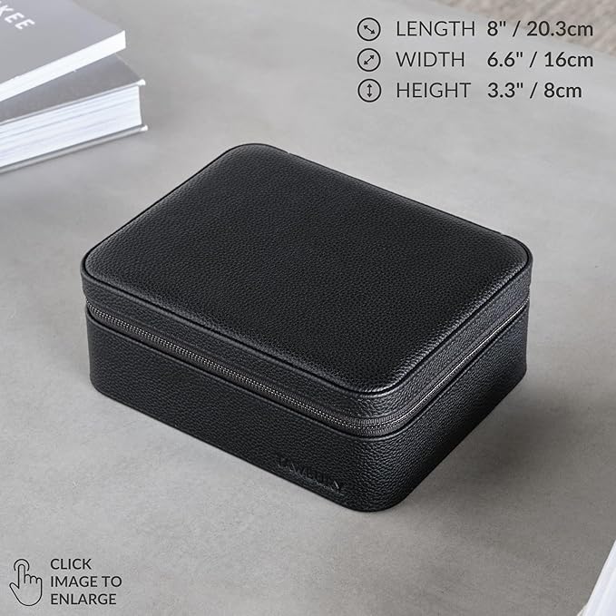 TAWBURY 3 Slot Watch Case Plus Storage – Luxury Leather Watch Travel Case for Men | Black Watch Cases for Men Travel | Traveling Watch Holder for Men | Black Watch Roll Case | 3 Watch Box for Men