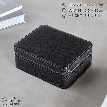 TAWBURY 3 Slot Watch Case Plus Storage – Luxury Leather Watch Travel Case for Men | Black Watch Cases for Men Travel | Traveling Watch Holder for Men | Black Watch Roll Case | 3 Watch Box for Men