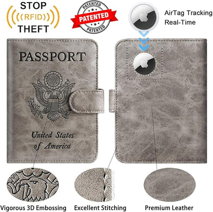 Airtag Passport Holder Cover Wallet RFID Blocking Leather Case Travel Essentials Luggage Accessories Travel Must Have(118#Grey)