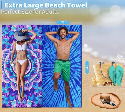 2 Pack Lightweight Thin Beach Towel Oversized 71"x32" Big Extra Large Microfiber Sand Free Towels for Adult Quick Dry Travel Camping Beach Accessories Vacation Essential Gift Tie Dye Purple Mandala
