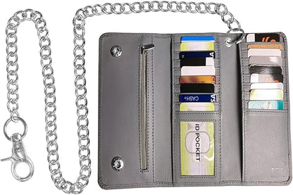 IBRO VINTAGE Motorcycle Chain Wallet for Men – Premium Cowhide Leather, RFID Tri-Fold Biker Wallet with Heavy Duty Chain for Bikers Truckers & Hunters, Credit Card Money Organizer Long Wallet
