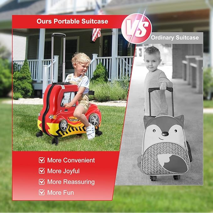 24 Inch Kid Ride Suitcase,Kid Luggage Seat Ride With Lock - Kids Travel Trolley With Safety Belt, Kids Luggage With Wheels Child Stroller Spinner Luggages, ABS+PC (Red Car, 5-12 Years)