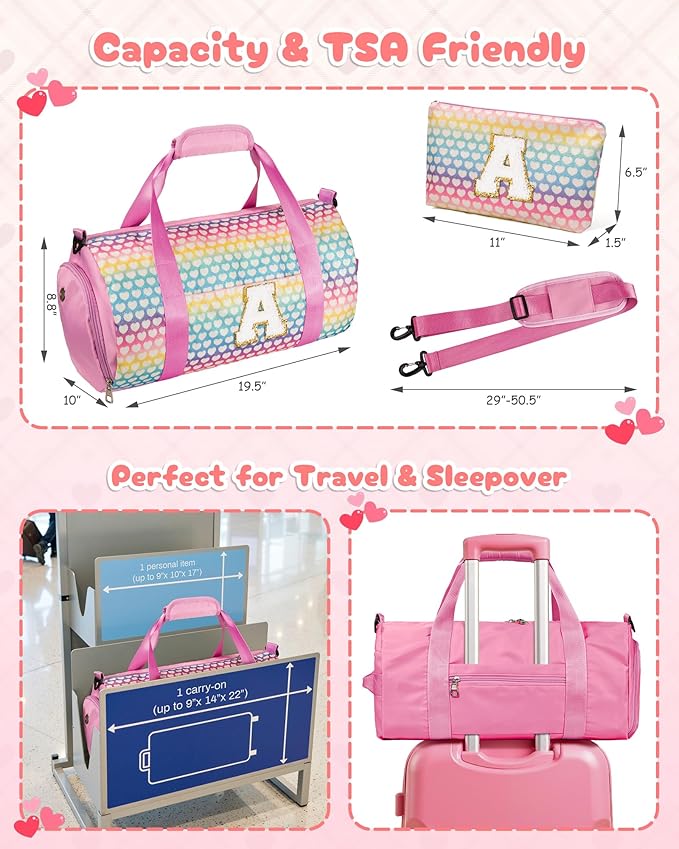 Gifts for Grandkids, Girls Travel Duffel Bag, Kids Initial Overnight Bags with Shoe Compartment, Personalized Weekender Bag with Makeup Pouch, Birthday Gift for Toddler (Letter J)