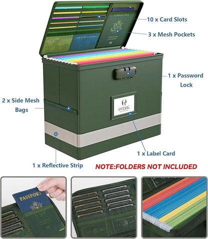 Oterri 2 Pack Fireproof Document Box With Lock, Portable File Safe Box Fireproof Waterproof For Letter Files, Collapsible Fireproof File Box With Handle (Green, 2 Pack)