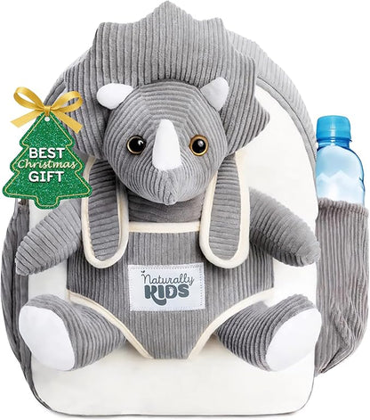 Naturally KIDS Grey Dinosaur Backpack for Boys 4-5, Triceratops Dinosaur Gifts for 4-5 Year Old Boys, Girls, Toddler Backpack