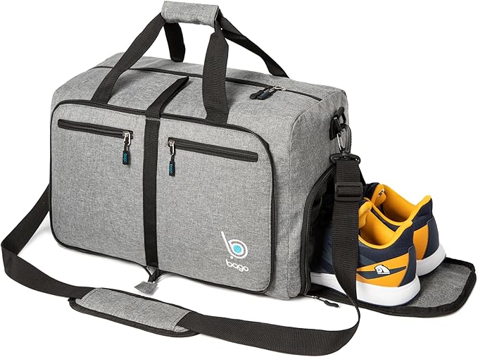 Bago Foldable Duffel Bags for Traveling Women & Men - 40L Sports Packable Duffle Bag for Travel with Shoe Compartment - Water Repellant, Heavy Duty, Lightweight Folding & Collapsible (SnowGray)