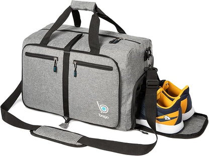 Bago Foldable Duffel Bags for Traveling Women & Men - 40L Sports Packable Duffle Bag for Travel with Shoe Compartment - Water Repellant, Heavy Duty, Lightweight Folding & Collapsible (SnowGray)