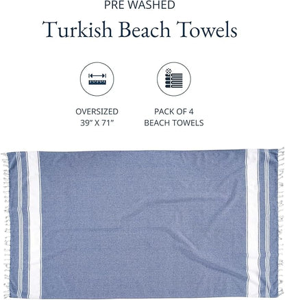 LANE LINEN Beach Towels 4 Pack Oversized - Turkish Towel Set, Pre-Washed Oversized Beach Towel, Quick Dry Beach Towels for Travel, Beach Towel Large, Sand Free Towel,39"x71" - Forever Blue