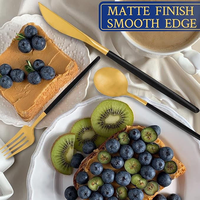 Black and Gold Silverware Set for 8, 40-Piece Matte Handle Flatware, Stainless Steel Cutlery Tableware, Kitchen Utensils Include Spoons and Forks, Dishwasher Safe