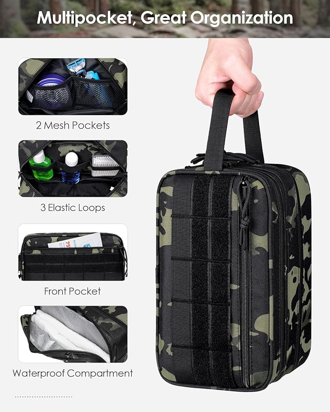 TACTICISM Toiletry Bag for Men - Dry Wet Separate Travel Toiletry Bag, Tactical Molle Dopp Kit for Men with Large Capacity, Water-Resistant Shaving Bag for Adult Women for Travel, Black Camo