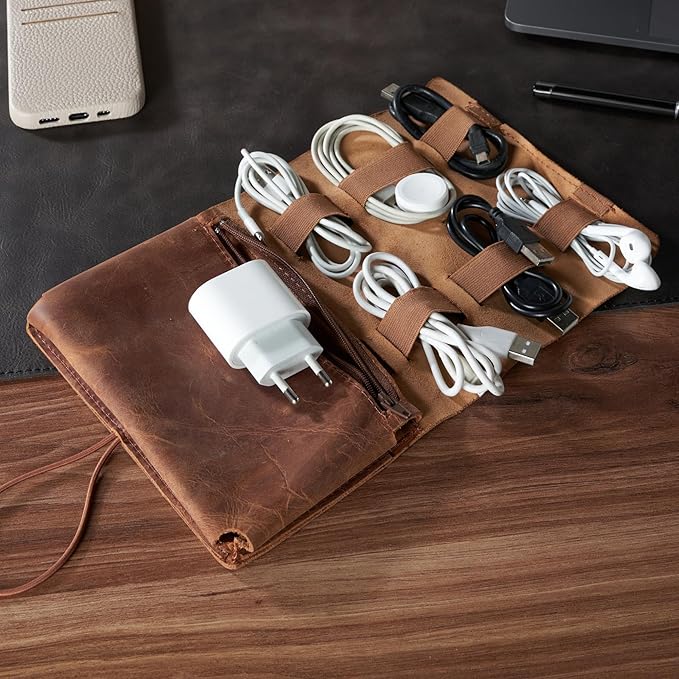 HARDISTON Custom Genuine Leather Electronic Cable Organizer Bag Handmade Travel Cord Organizer Roll Case for Hard Drives, Cables, Charger, Phone, USB, SD Card (Medium - Brown)