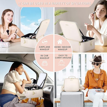 Travel Makeup Bag with Mirror and Light, Cosmetic Artist Organizer Case with LED Mirror, Travel Makeup Case for Cosmetic Brush Holder Storage, Toiletry Case for Women Gift