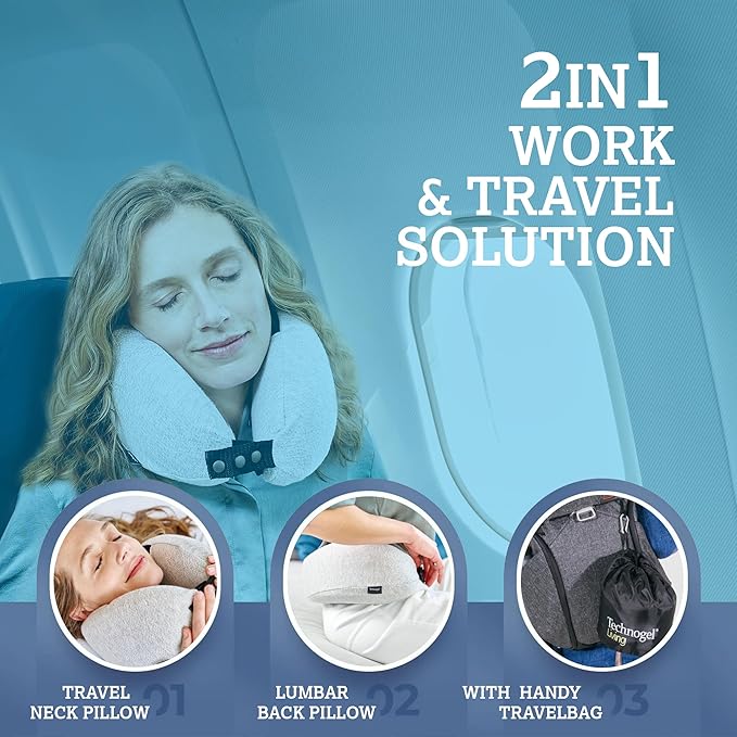 Technogel 2IN1 Travel Neck Pillow with Gel I Chin, & Lumbar Support I Premium Memory Foam & Patented Gel I Airplane Train Work Flight Office Car Home Pillow I Super-Soft I Lightweight I Washable