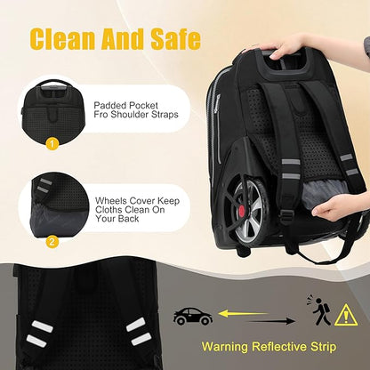 NEW TILAMI 19 Inch Rolling Backpack with Lunch Bag for Girls Boys Wheeled Laptop Backpack Durable Carry-on Bag School Travel, Black