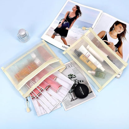 12 Pieces Zipper Nylon Mesh Pouch, Mesh Cosmetic Bags Makeup Bags Pencil Case, Multipurpose Travel Bags for Cosmetic School Office Supplies and Travel Accessories (2 Layers-Beige, A5)