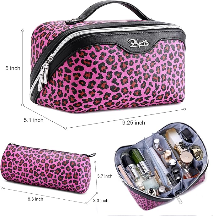 BOYATU Travel Makeup Bag for Women: 3 Pcs Set Portable Make up Bags with Handle - Leopard Print Cosmetic Bags with Comparments - Waterproof Vegan Leather Toiletry Bag (A-1-Red)