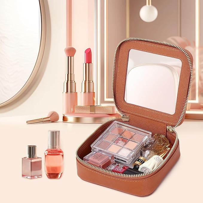 Pinkmik Small Makeup Bag Clear Mini Cosmetic Makeup Case & Toiletry Bag with Zipper Women's Purse Organizer & Car Essentials (X/Brown, MINI-1)