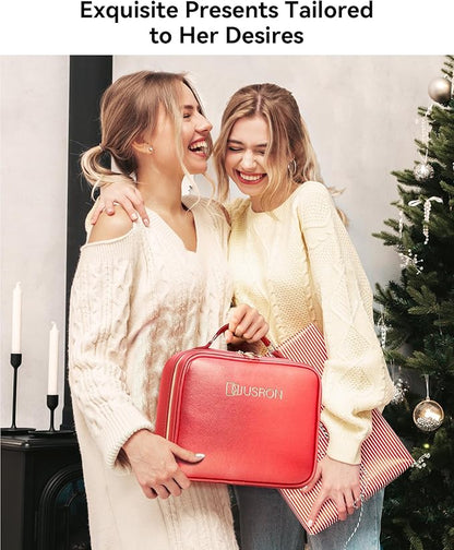 JUSRON Travel Makeup Bag With LED Mirror, Cosmetic Train Case with Light up Mirror, Portable Makeup Artist Organizer Bag with Adjustable Dividers, Makeup Brush Holder Storage (Red, Large)