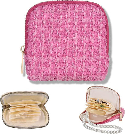 Small Travel Jewelry Case, Soft Tweed Organizer Pouch for Bangle, Bracelets, large Earrings, Beaded necklace, Anti-Scratch & Portable Jewelry Bag Holder for Travel & Everyday Use (Raspberry Pink)