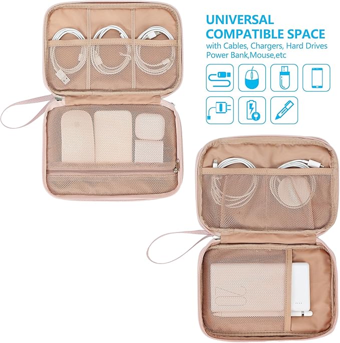 NISHEL Travel Cord Organizer Case, Double Layers Tech Electronic Bag, Essentials for Charger, Cable, Phone, Flash drive, Large, Pink