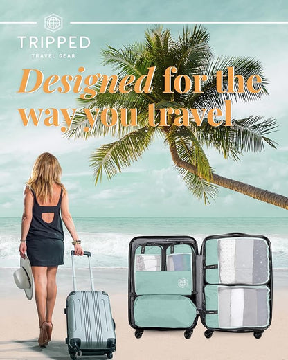 Compression Packing Cubes for Travel by TRIPPED – 6-Piece Premium Set with Laundry & Shoe Bag, Space Saving Travel Organizer Bags for Suitcase & Carry-On Luggage (Dusty Teal Mesh)