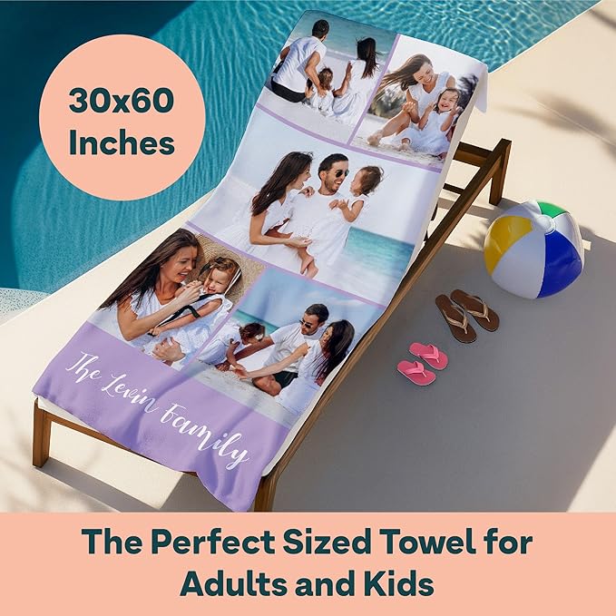 Winslow & Brody Ships Next Day - Personalized Beach Towel for Kids & Adults - Printed in USA - Custom Towels with Picture and Text - Quick Dry Pool Towels - Cotton/Poly Blend - 30" x 60" - 5 Photos