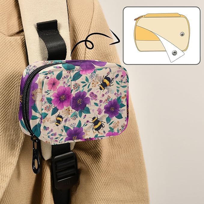 Beige Bees and Colorful Flowers Travel Pill Organizer Case Box Container Weekly Portable Vitamin Medicine Holder Storage Bag with Zipper Removable
