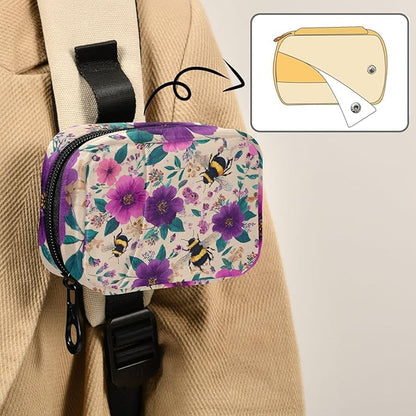 Beige Bees and Colorful Flowers Travel Pill Organizer Case Box Container Weekly Portable Vitamin Medicine Holder Storage Bag with Zipper Removable
