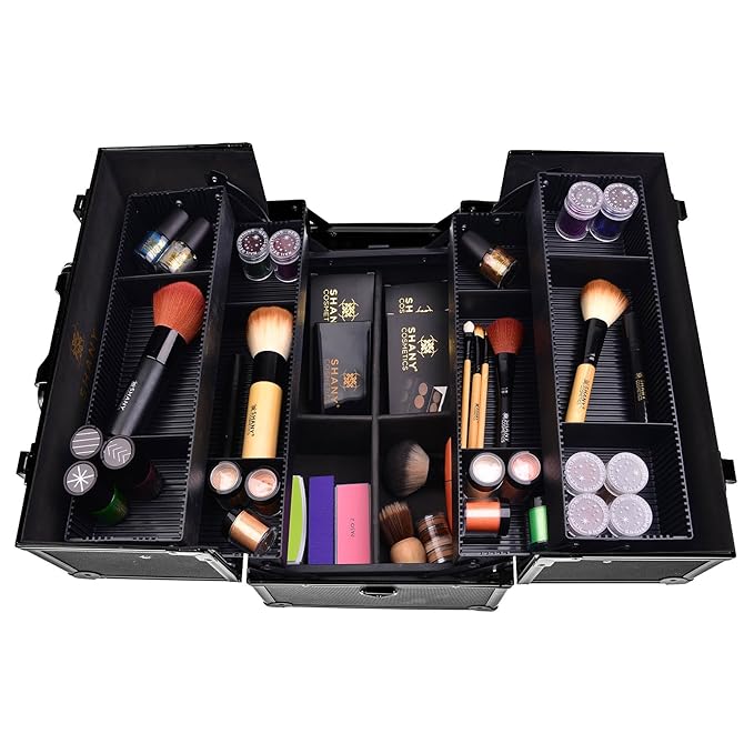 SHANY Essential Pro Makeup Train Case Cosmetic Box Portable Makeup Case Cosmetics Beauty Organizer Jewelry storage with Locks, Multi Compartments Makeup Box and Shoulder Strap - All Black