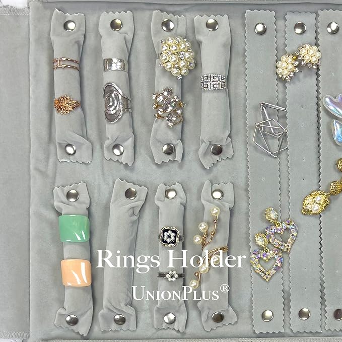 UnionPlus Velvet Travel Jewelry Case Roll Bag Organizer for Necklace Bracelet Earrings Ring, 6 PVC Pockets, Black+ Grey Upgrade Version