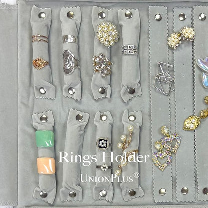 UnionPlus Velvet Travel Jewelry Case Roll Bag Organizer for Necklace Bracelet Earrings Ring, 6 PVC Pockets, Black+ Grey Upgrade Version